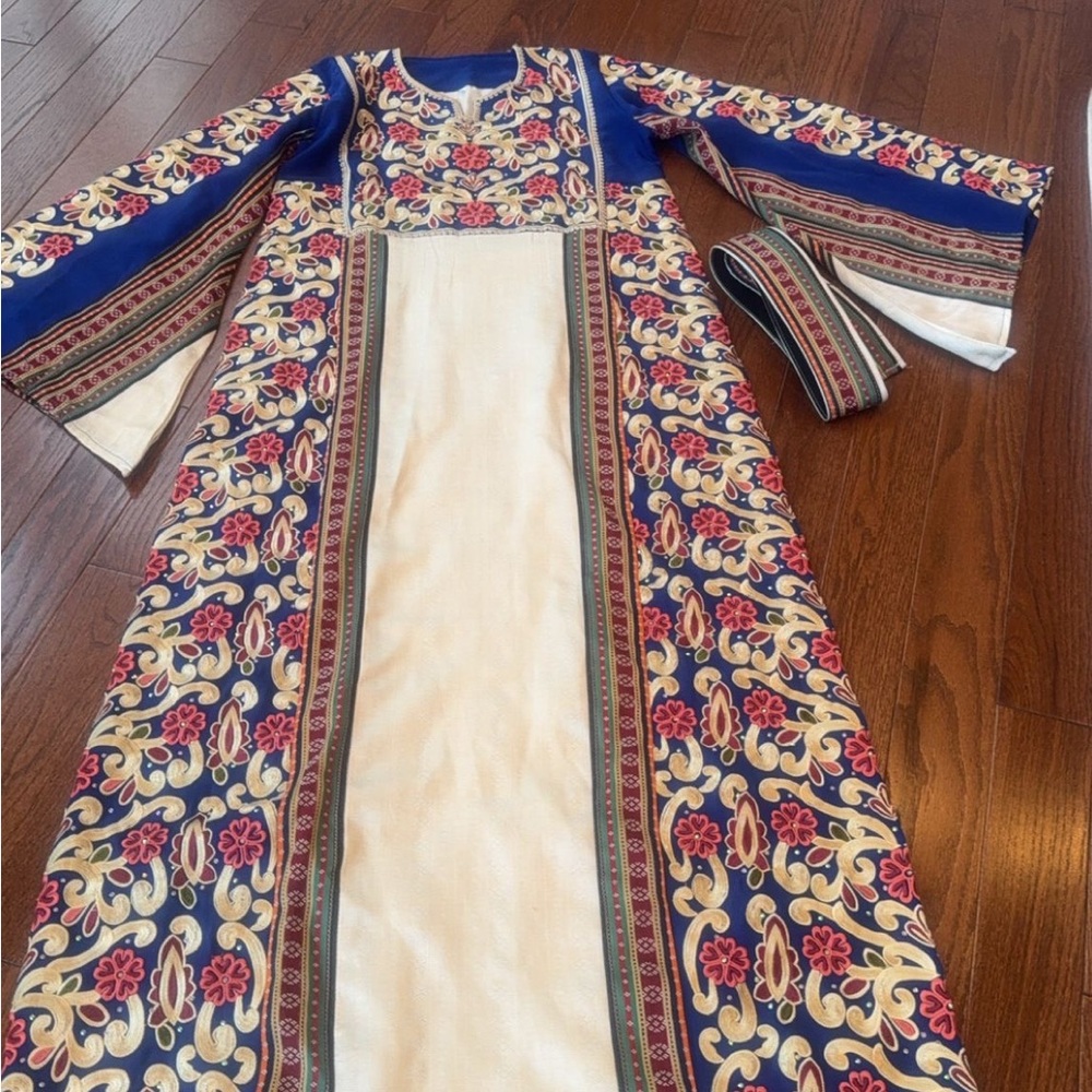 Blue and White Bell Sleeve Maxi Dress with Embellished Ruffled Details